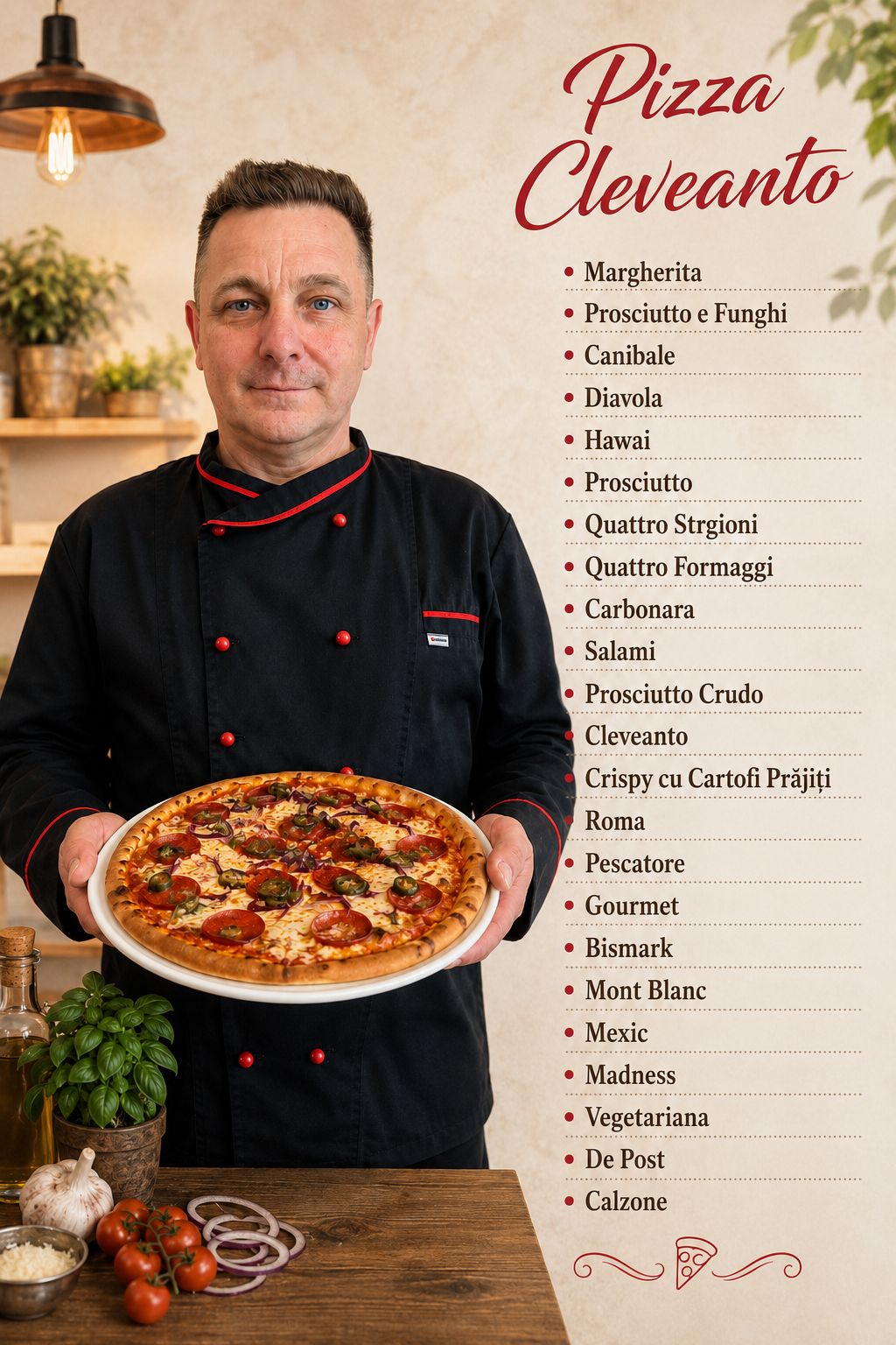 Bucătarul Pizzeriei Cleveanto prezentând lista de pizza